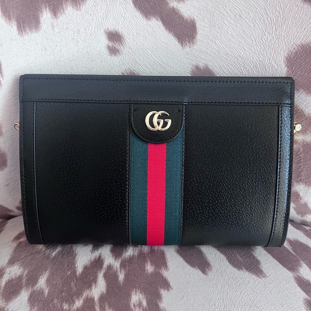 Black Leather Shoulder Bag with Red & Green Stripe